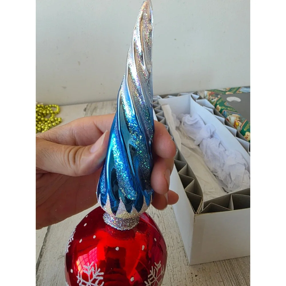 OWC old world indent icicle tree topper glass gold blue glitter Xmas tree